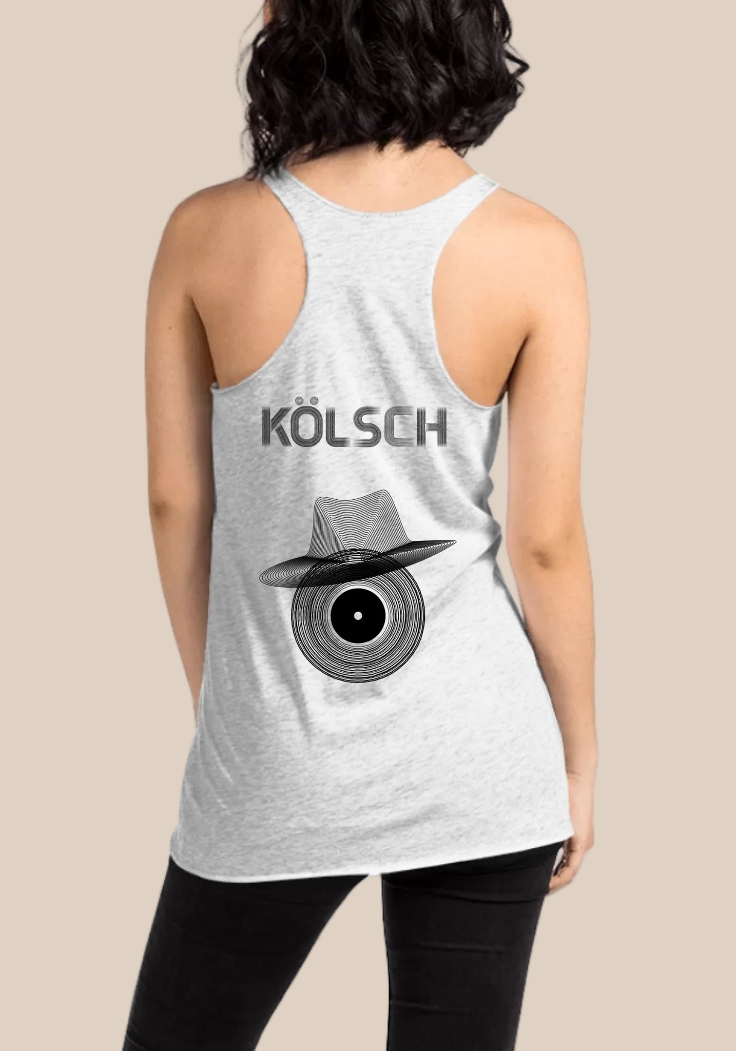 Back view of a woman wearing a Kolsch - Tank Top featuring a hat and vinyl record design.