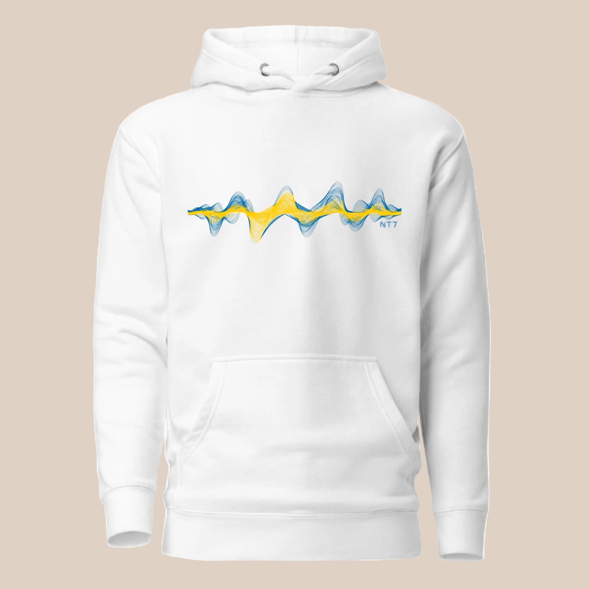 Avicii - Premium Hoodie featuring a unique wave design in blue and yellow on a white background.