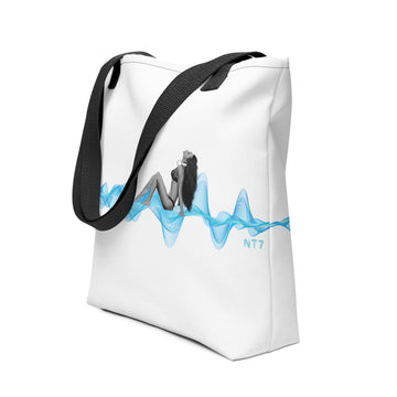 Woman with Headphones Sunbathing on a 3D Sound Wave - All-Over Print Tote Bag