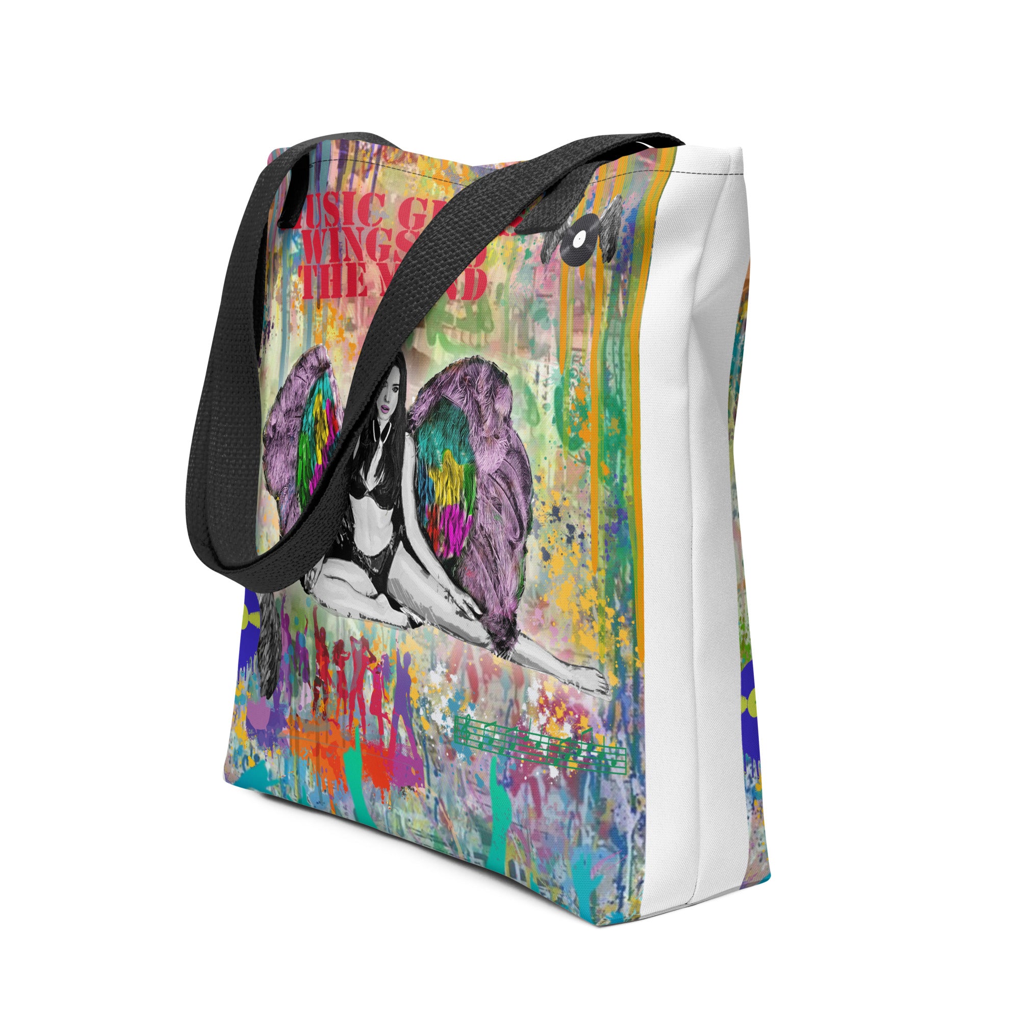 Winged Angel with Headphones Music Canvas Art - All-Over Print Tote Bag