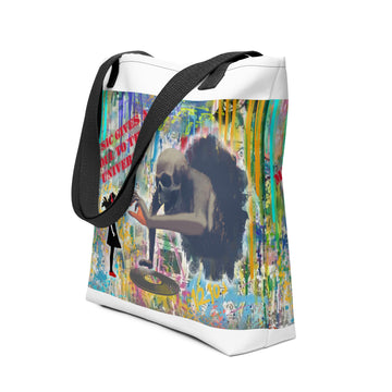 Girl with Headphones v Skeleton Canvas Art - All-Over Print Tote