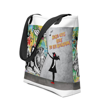Girl with Headphones revealing Winged Angel Canvas Art - All-Over Print Tote Bag