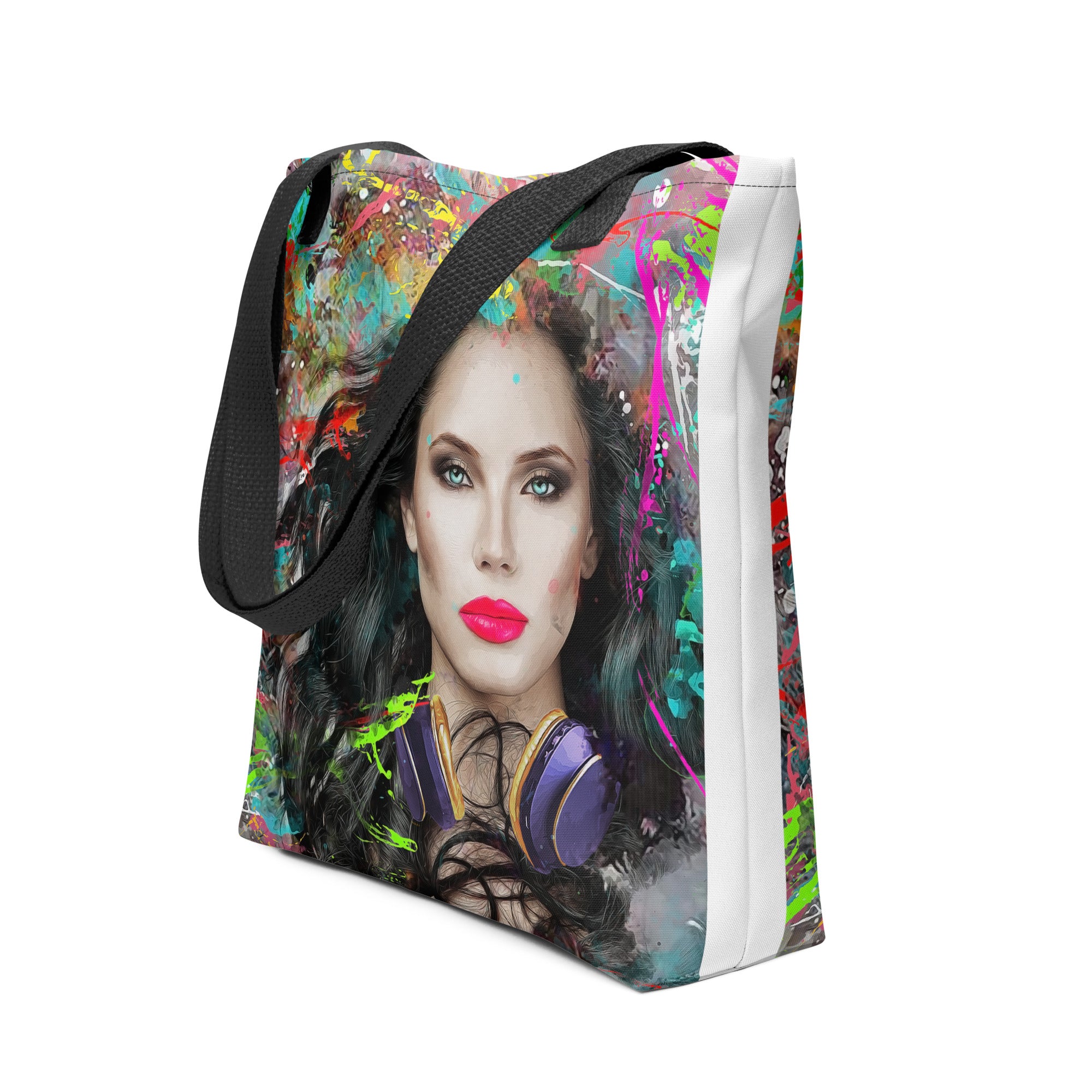 Woman with Purple Gold Headphones Canvas Art - All-Over Print Tote Bag