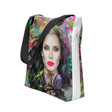 Woman with Purple Gold Headphones Canvas Art - All-Over Print Tote Bag