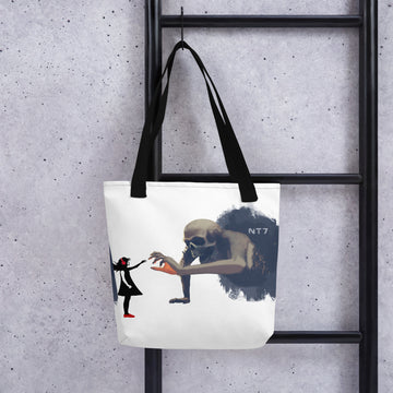 Girl with Headphones v Skeleton - All-Over Print Tote Bag
