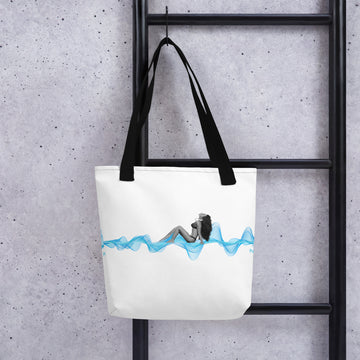 Woman with Headphones Sunbathing on a 3D Sound Wave - All-Over Print Tote Bag