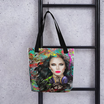 Woman with Purple Gold Headphones Canvas Art - All-Over Print Tote Bag