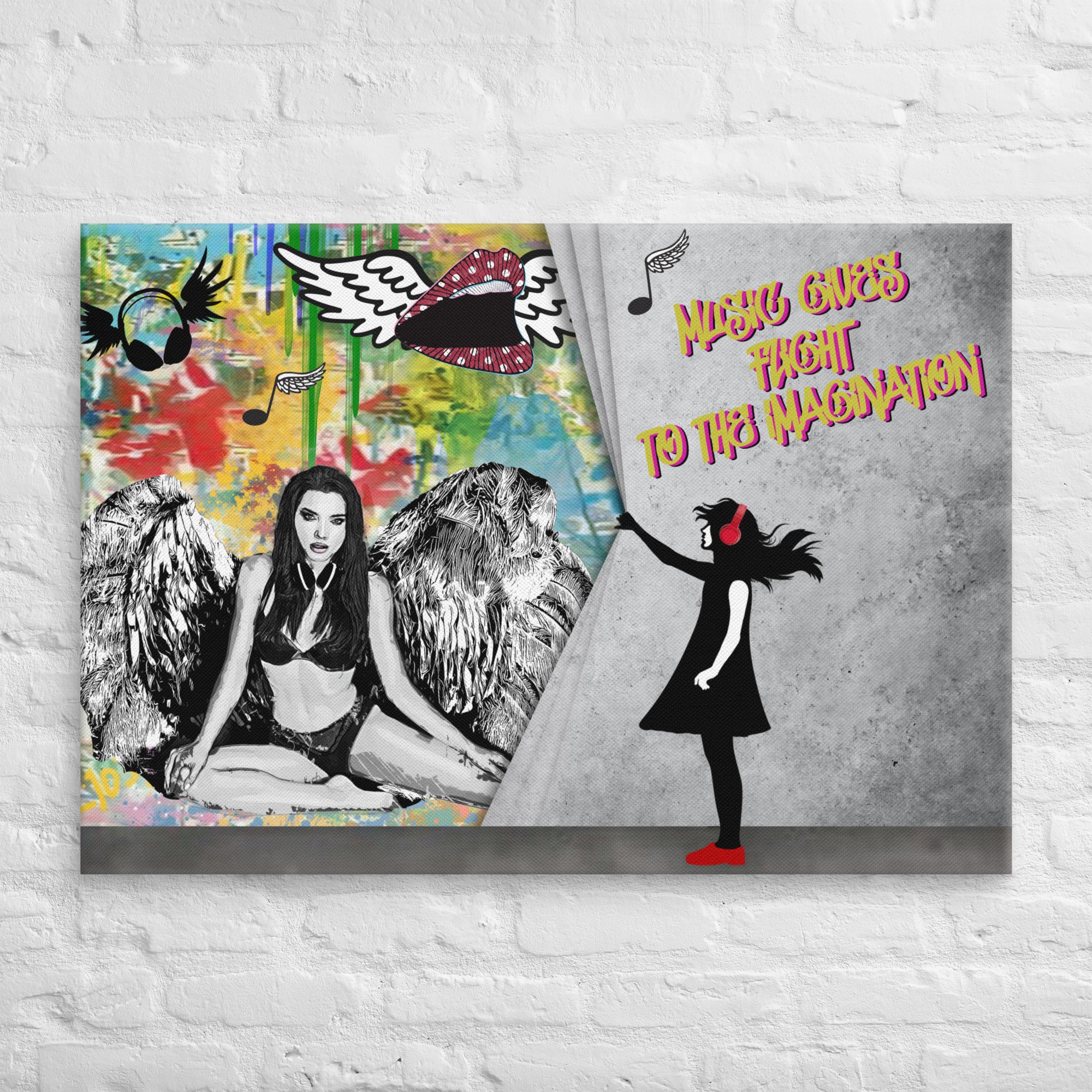 Girl with Headphones revealing Winged Angel - Canvas Artwork