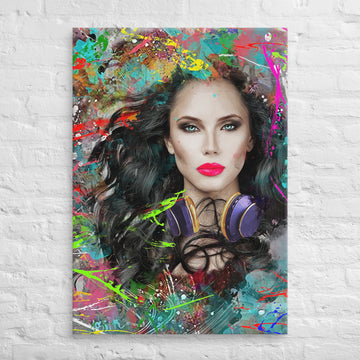 Woman with Purple Gold Headphones - Canvas Artwork