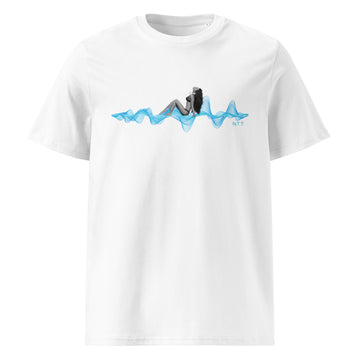 Woman with Headphones Sunbathing on a 3D Sound Wave - Unisex organic cotton t-shirt