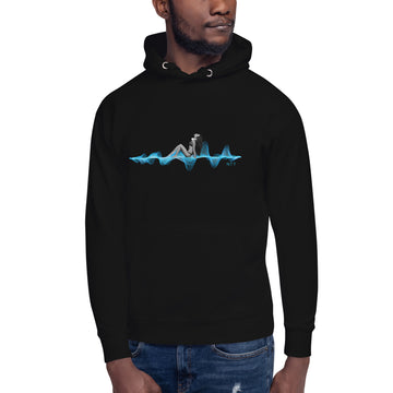 Woman with Headphones Sunbathing on a 3D Sound Wave - Premium Unisex Hoodie