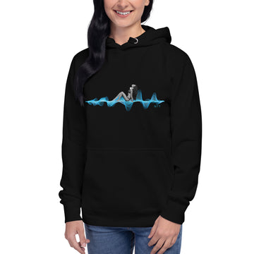 Woman with Headphones Sunbathing on a 3D Sound Wave - Premium Unisex Hoodie