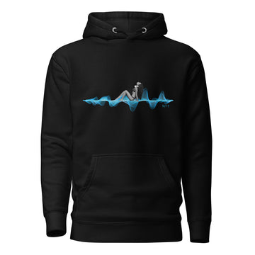 Woman with Headphones Sunbathing on a 3D Sound Wave - Premium Unisex Hoodie