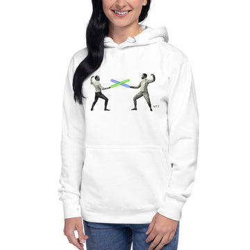 Old Fashioned Fencers duelling with Light Sticks - Premium Unisex Hoodie