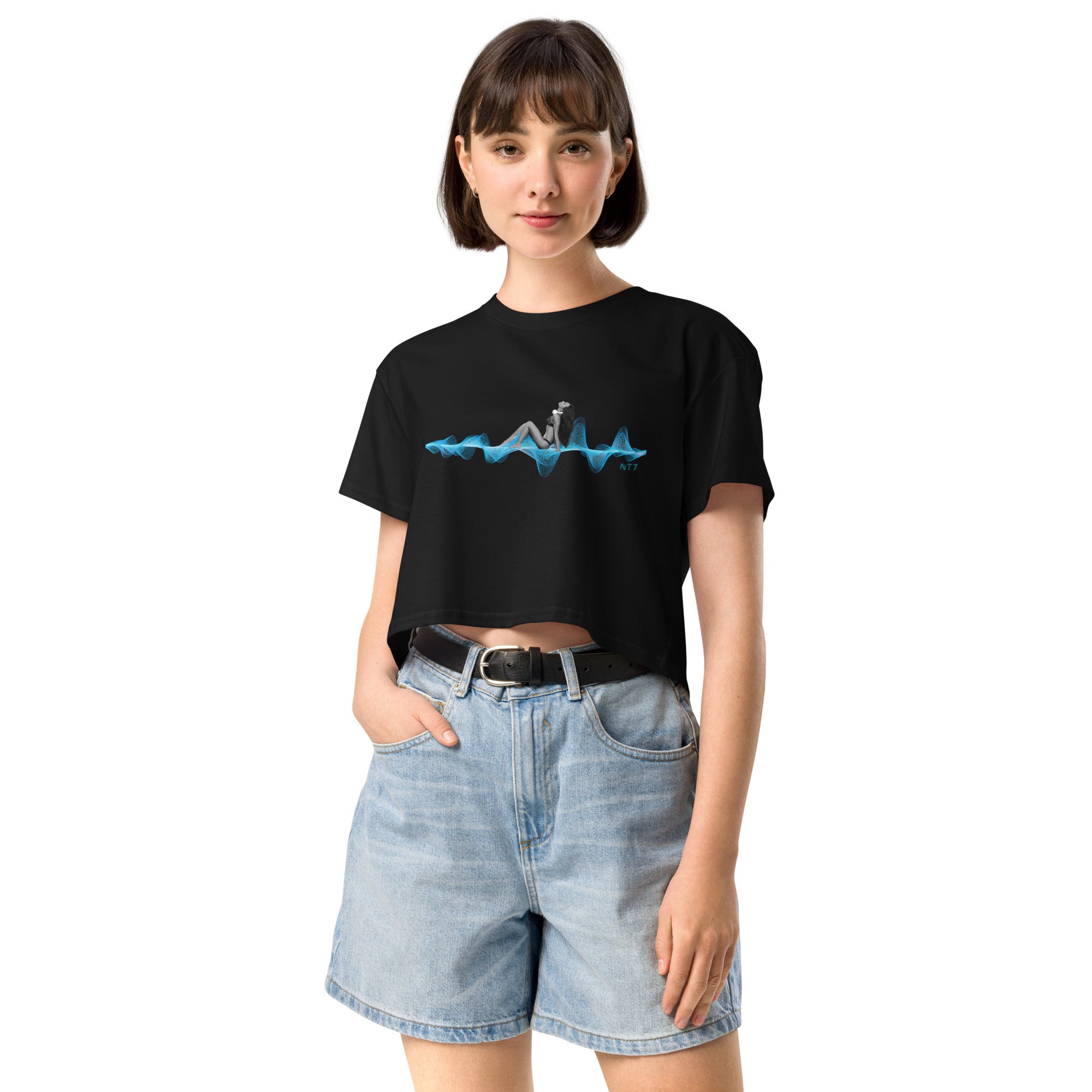 Woman with Headphones Sunbathing on a 3D Sound Wave - Women's Crop Top