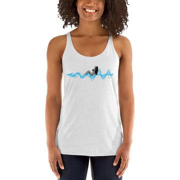 Woman with Headphones Sunbathing on a 3D Sound Wave - Women's Racerback Tank Top